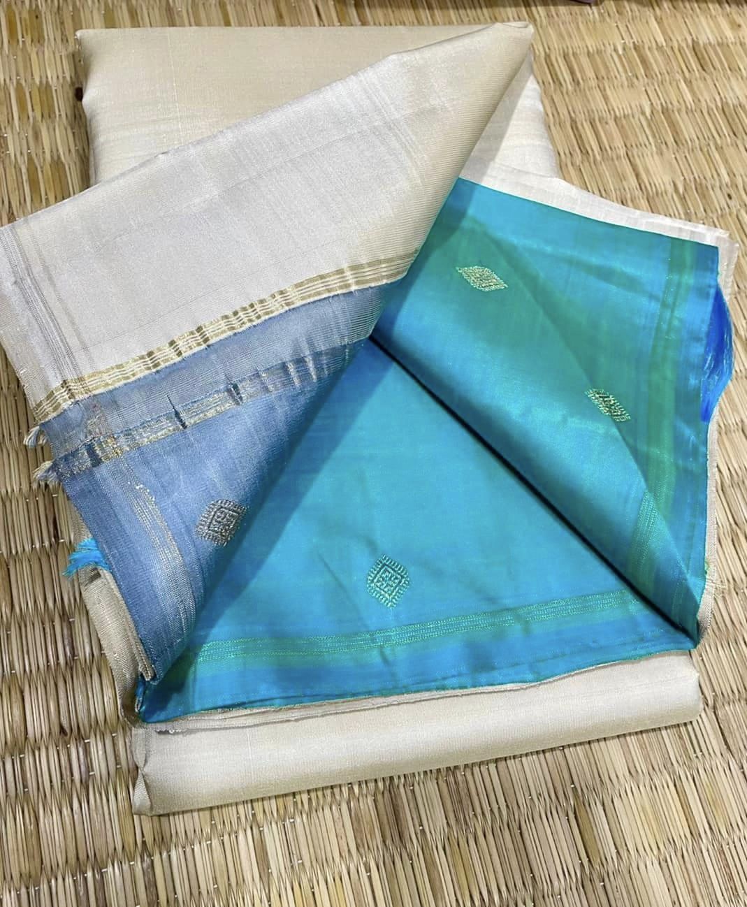 Kanjivaram Pure Silk Zari Saree - Off White w/ Gray, Turquoise Blue