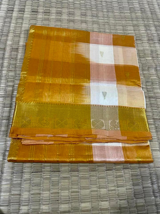 Kanjivaram Silk Cotton Saree - Yellow Checks