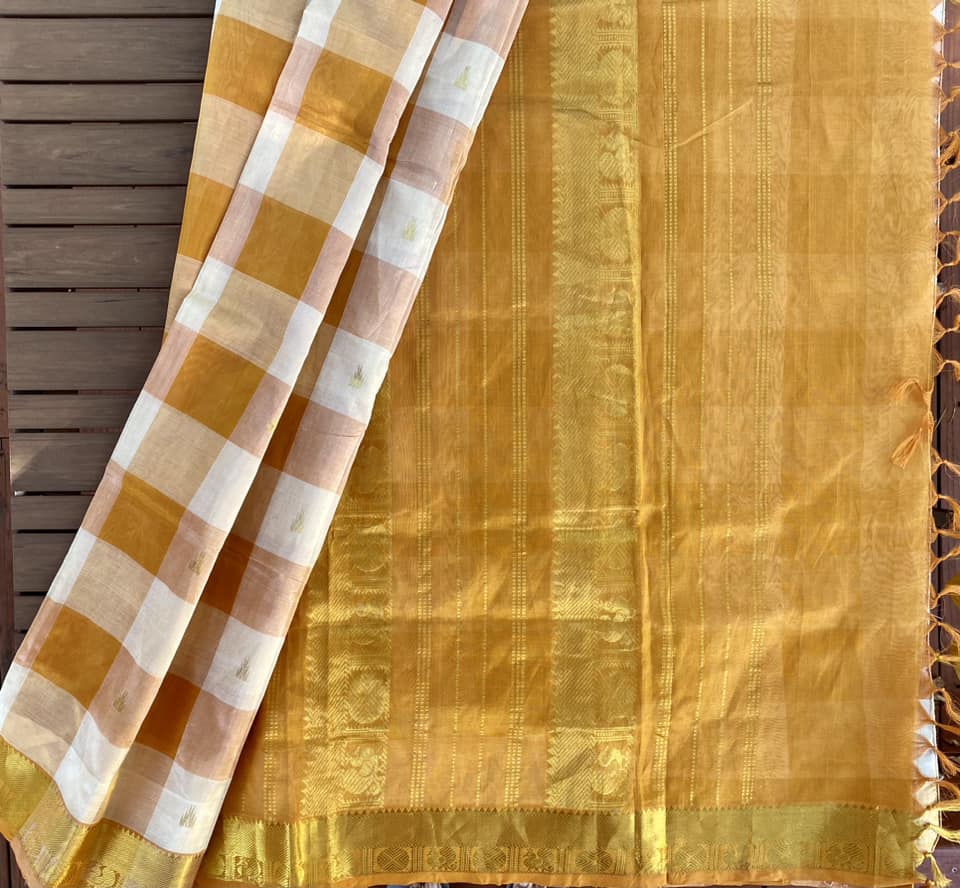 Kanjivaram Silk Cotton Saree - Yellow Checks