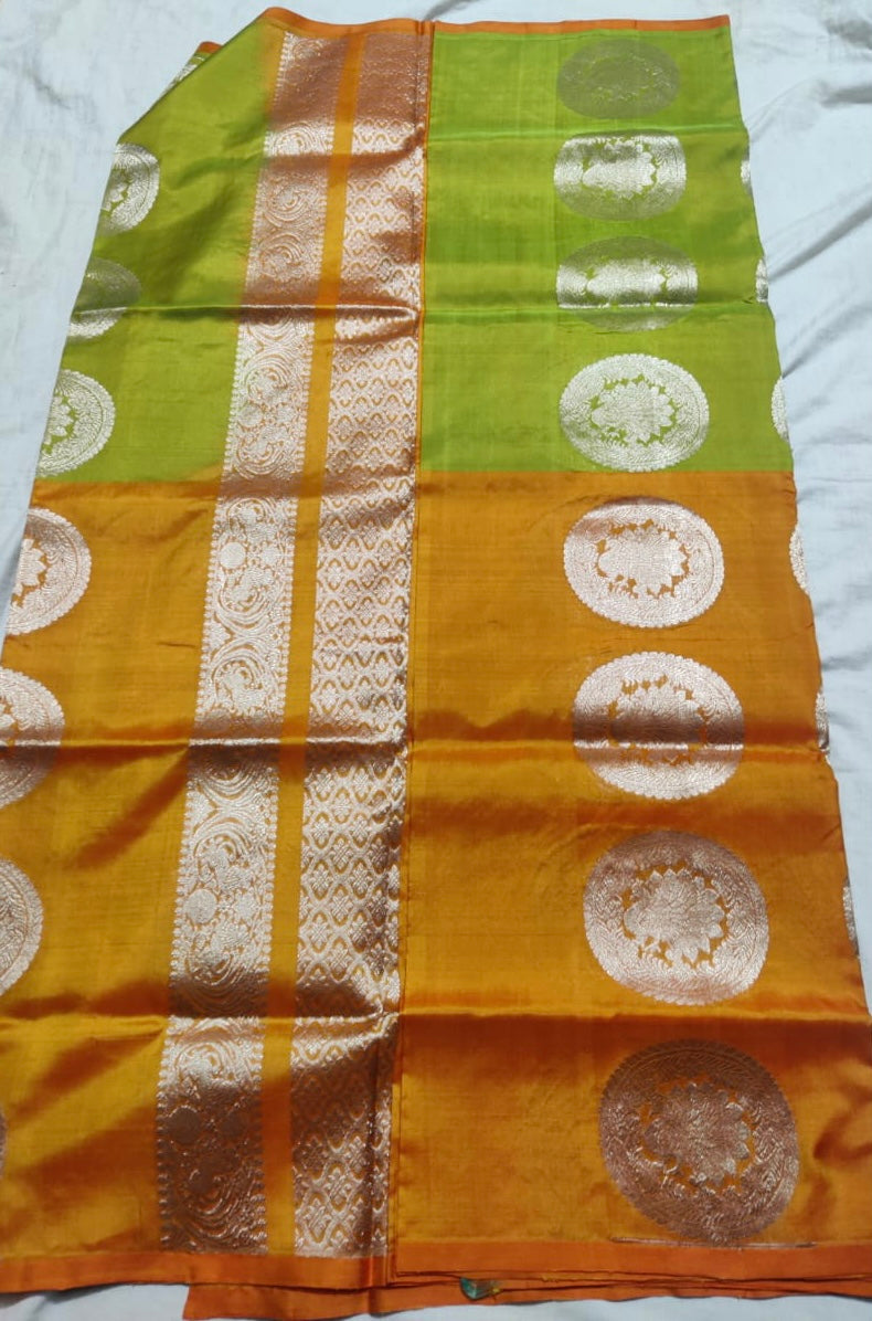 Venkatagiri Silk Saree - Orange/ Light Green