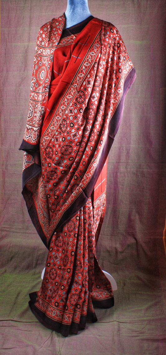 Ajrakh Hand Block Print Silk Saree - Red