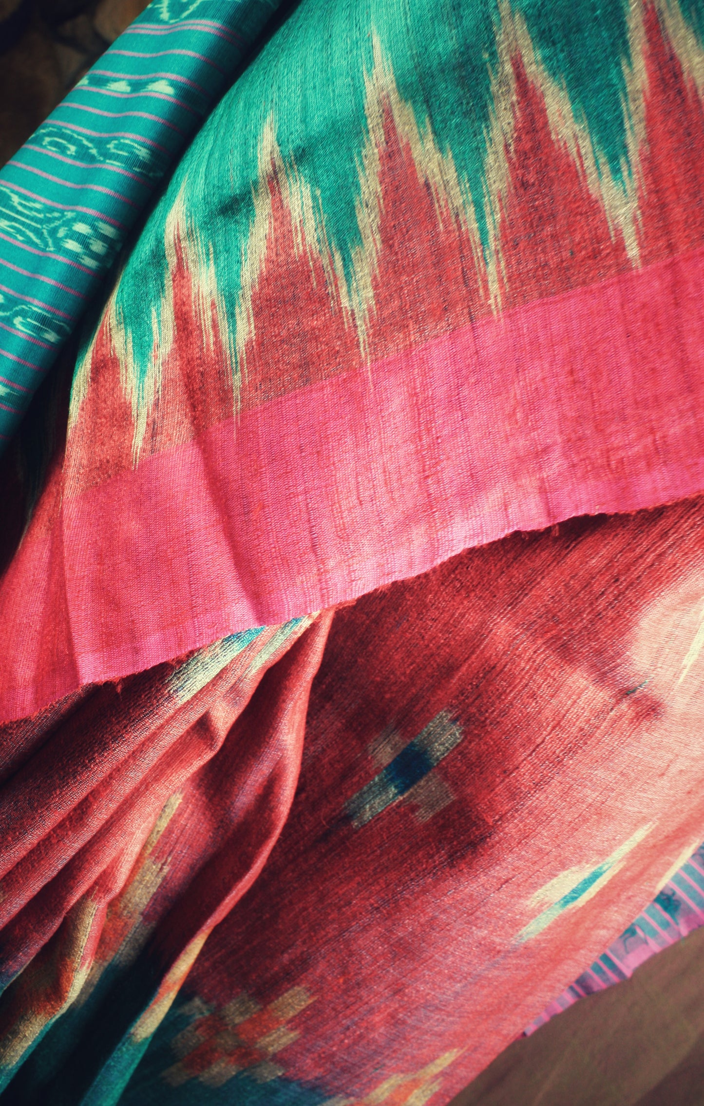 Tussar Ghicha Silk Ikat Handloom Saree - Pink/ Teal Half & Half