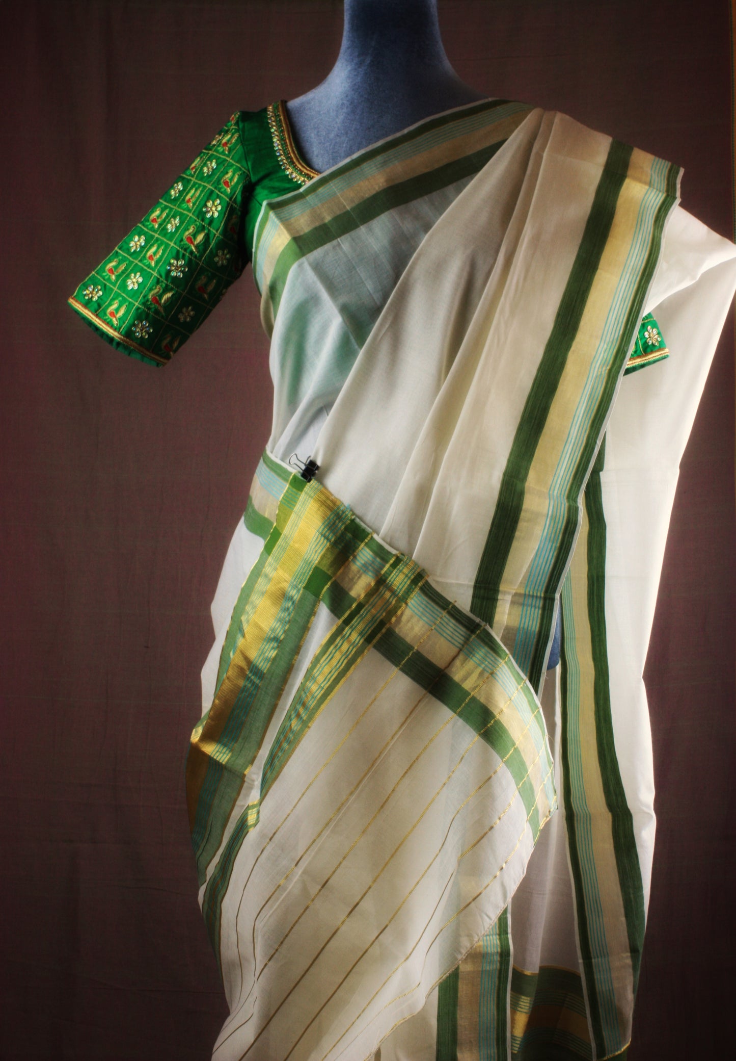 Kasavu Handloom Saree - Off White w/Green