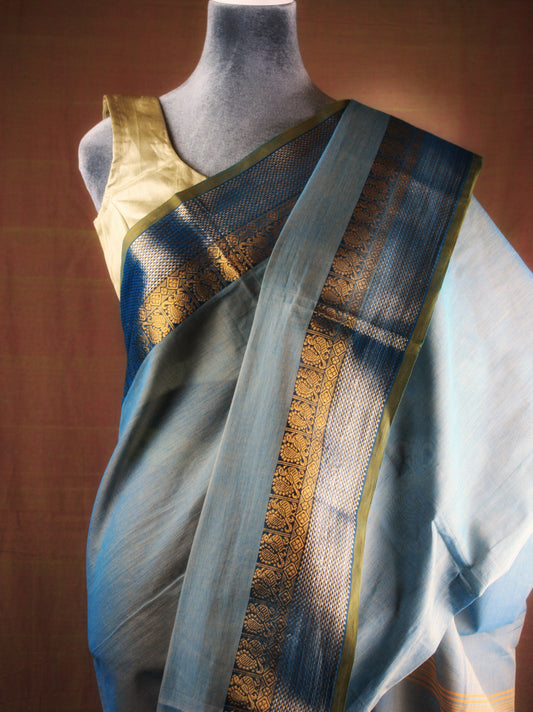 Chettinad Handloom Saree - Pastel blue w/ Silver Gold zari border