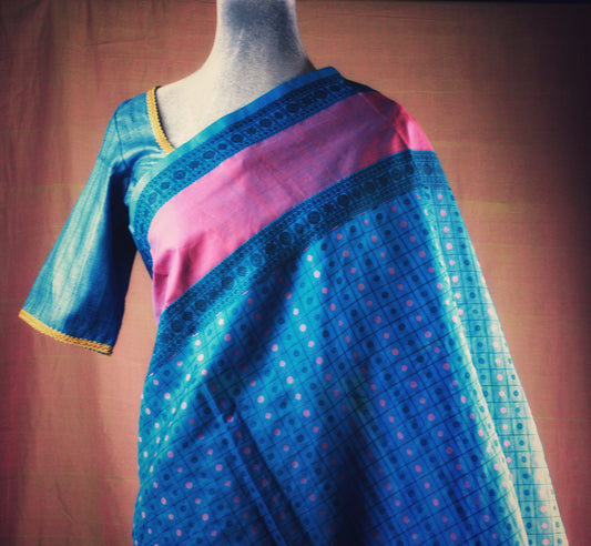 Kanjivaram Silk Cotton Saree - Turquoise blue w/ Pink Ayiram butta