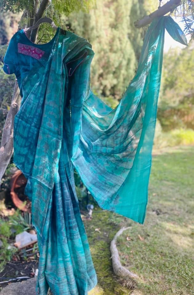 Hand crafted Ombre dye Tussar Silk Saree - Teal/Gray