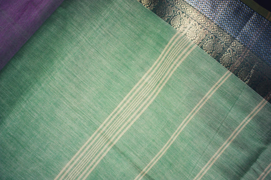 Chettinad Handloom Saree - Pastel green w/ Silver Gold zari border