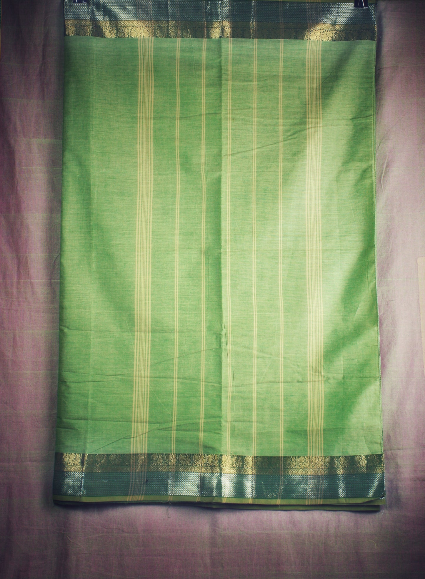 Chettinad Handloom Saree - Pastel green w/ Silver Gold zari border