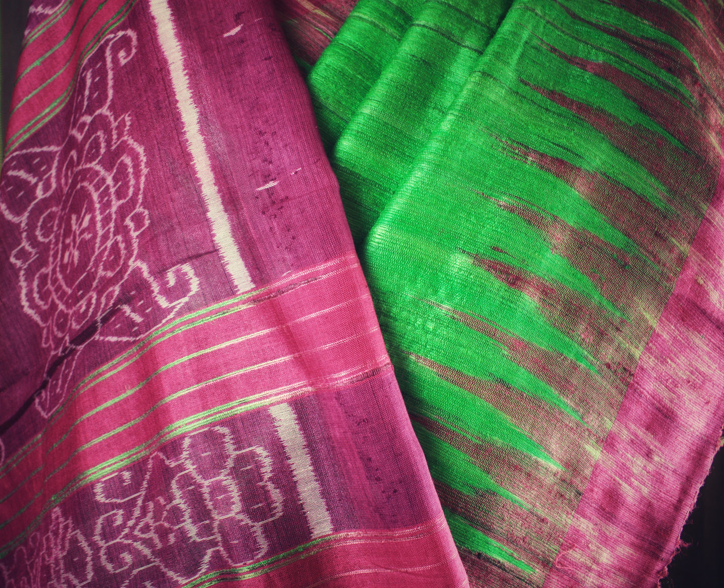 Tussar Ghicha Silk Ikat Handloom Saree - Parrot Green w/Pink