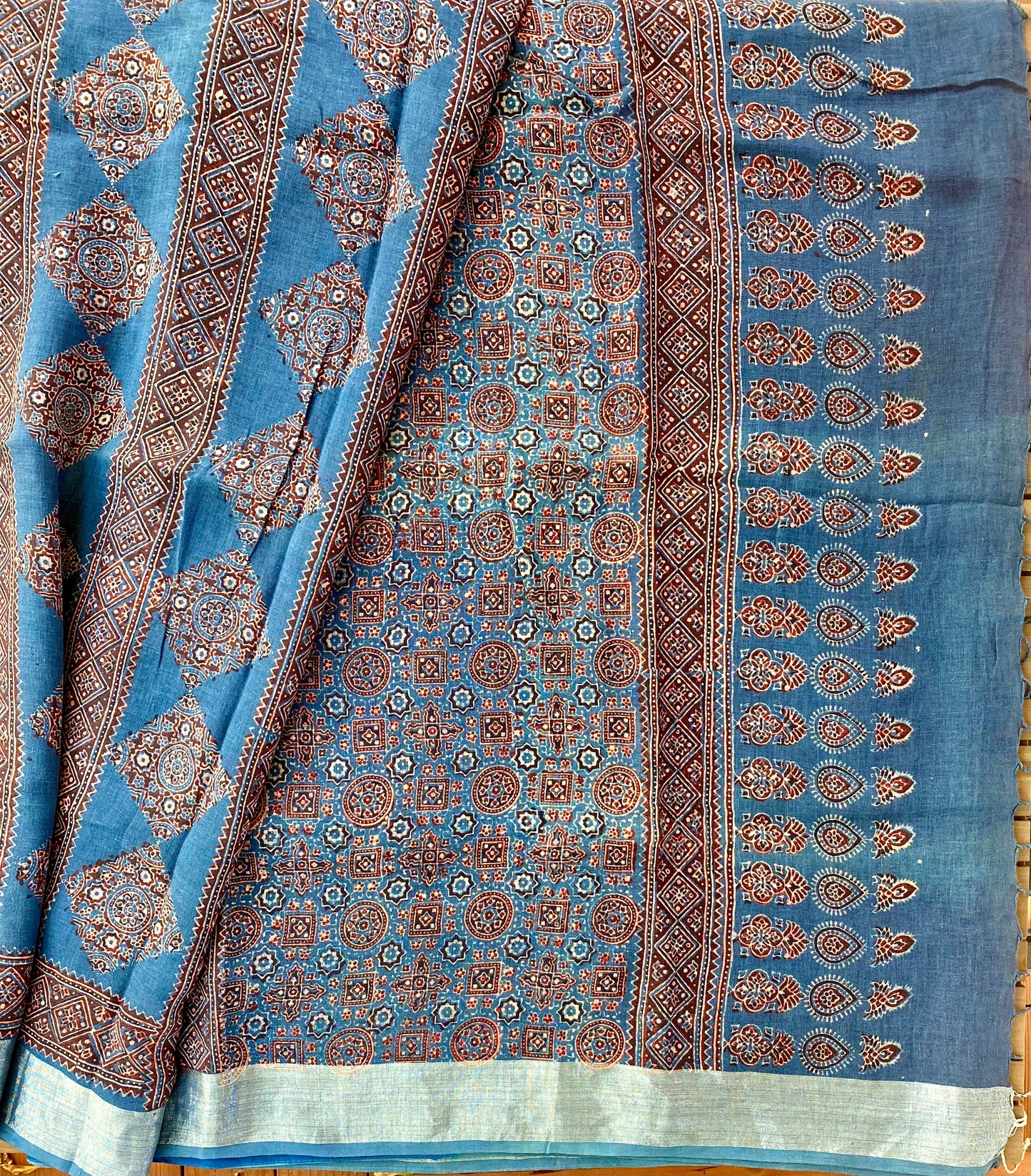 Ajrakh Hand Block Print Linen Saree - Indigo diamond