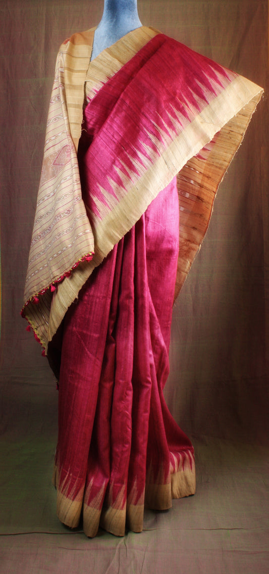 Tussar Ghicha Ikat Silk Handloom Saree - Pink w/ Off White