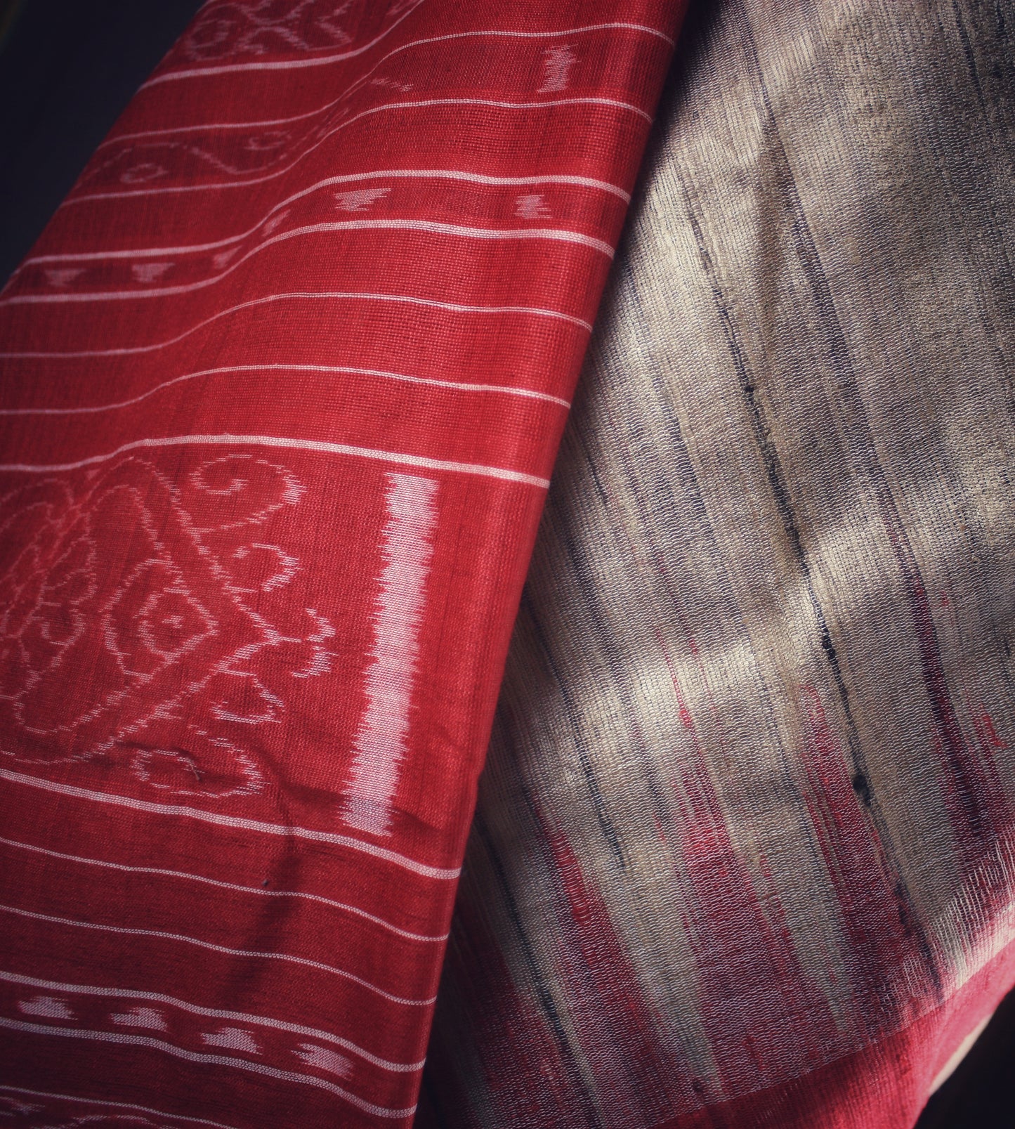 Tussar Ghicha Silk Ikat Handloom Saree - Off White w/ Red