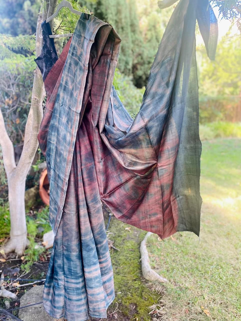 Hand crafted Ombre dye Tussar Silk Saree - Black/Brown