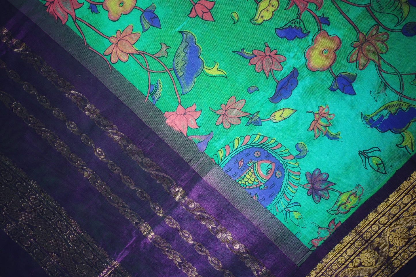 Kanjivaram Kalamkari Silk Cotton Saree Korvai Border -Turquoise blue w/ Purple