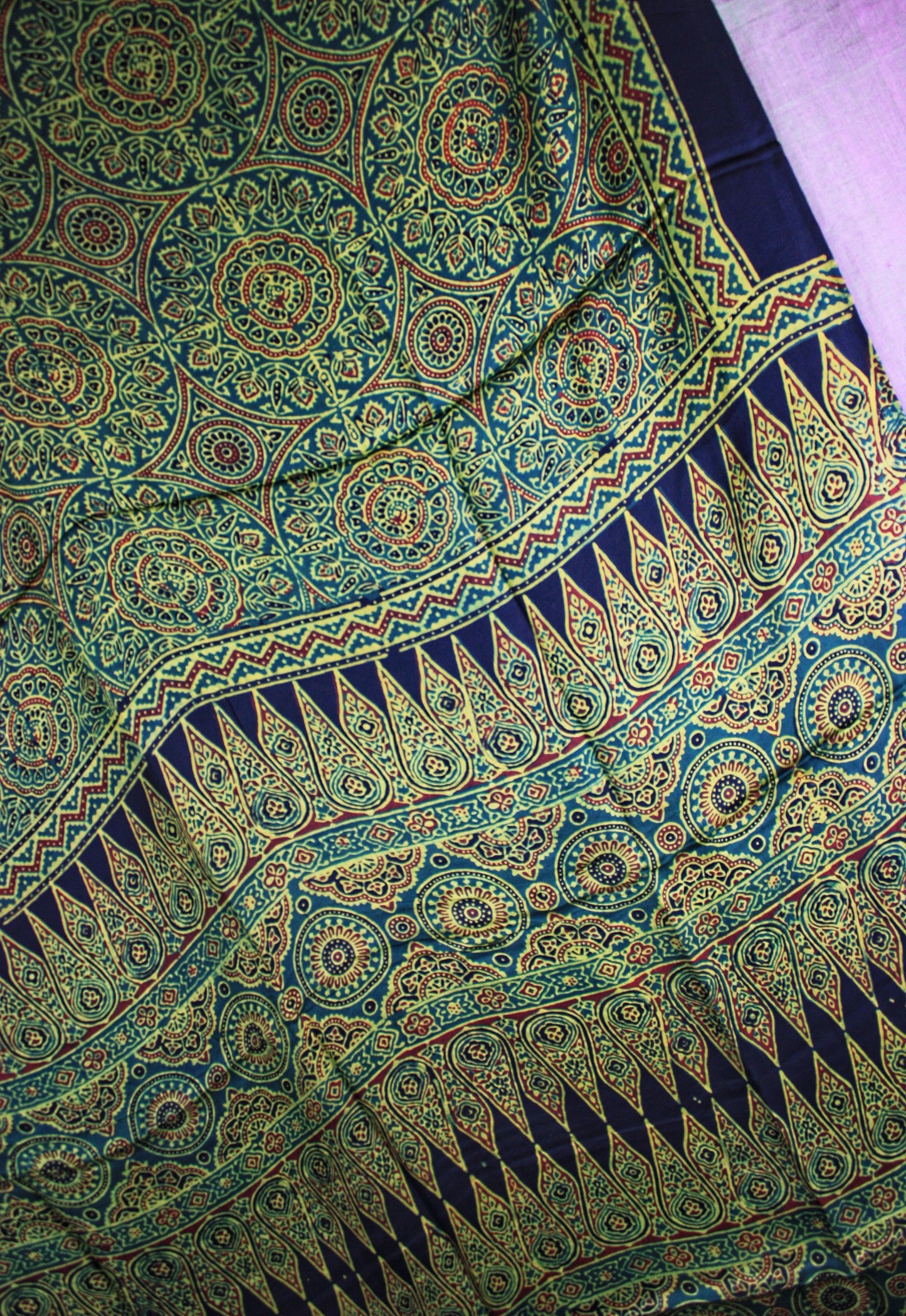 Ajrakh Hand Block Print Silk Saree - Green