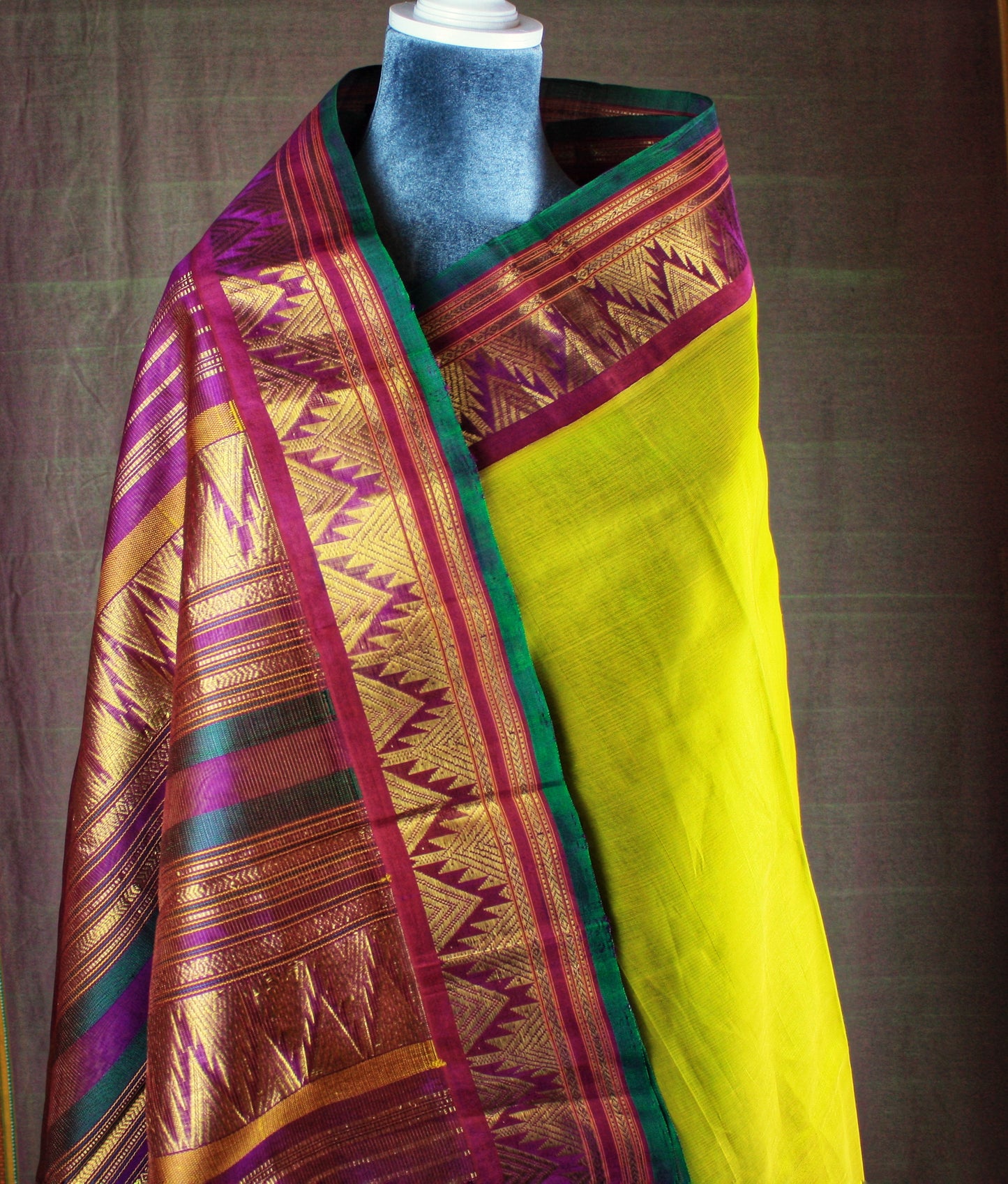 Kanjivaram Silk Cotton Saree Korvai Border - Light Green w/ Purple