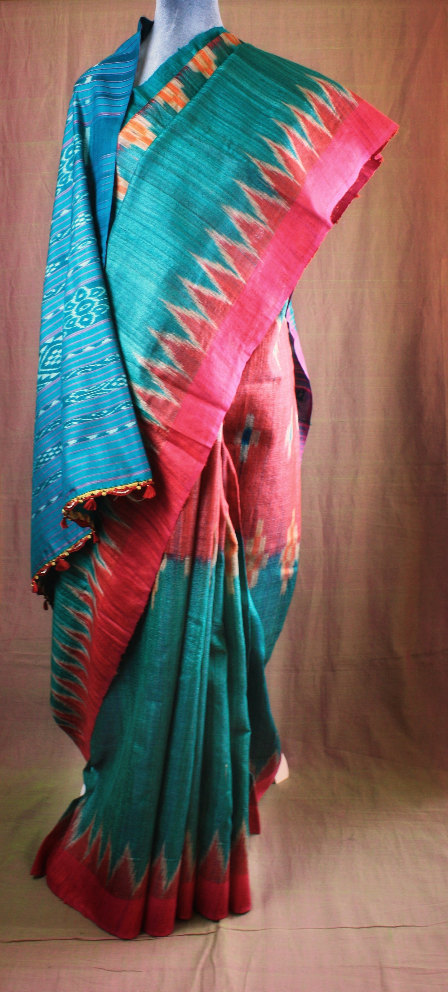 Tussar Ghicha Silk Ikat Handloom Saree - Pink/ Teal Half & Half