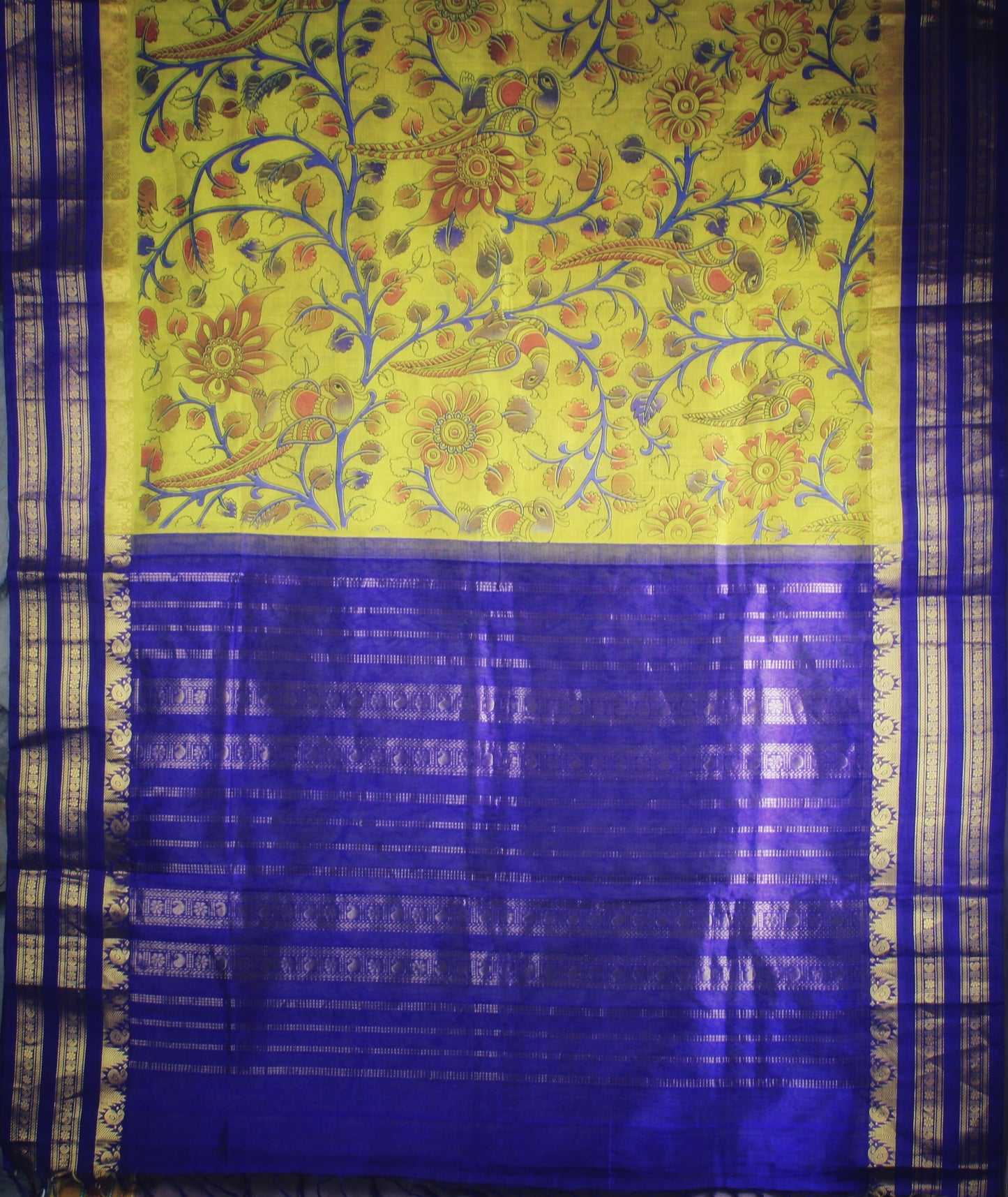 Kanjivaram Kalamkari Silk Cotton Saree Korvai Border -Yellow w/ Indigo