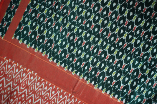 Pochampally Ikat Silk Cotton Saree - Green/ Red