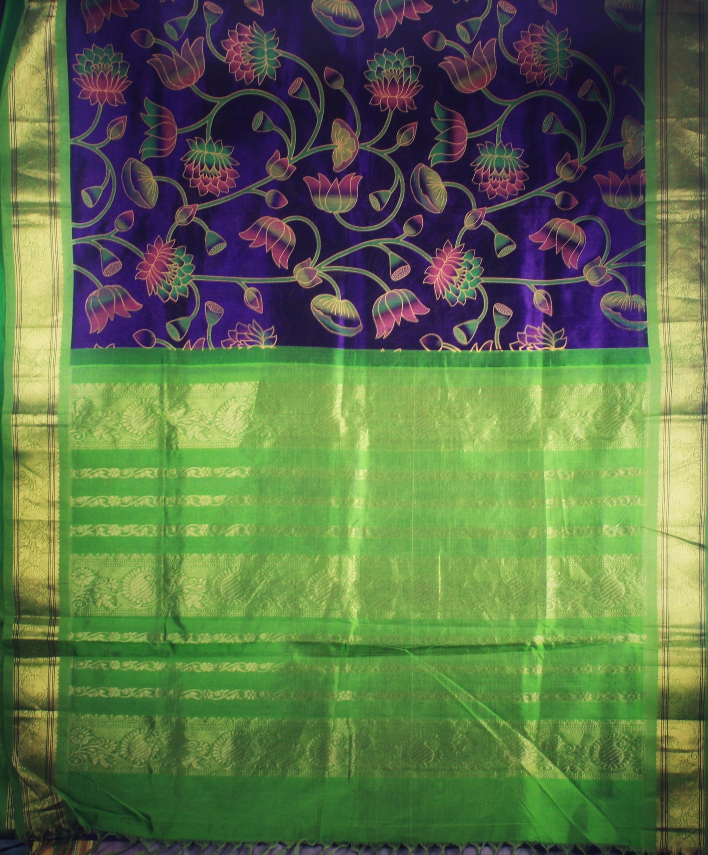 Kanjivaram Kalamkari Silk Cotton Saree Korvai Border - Purple w/ Light green-Lotus