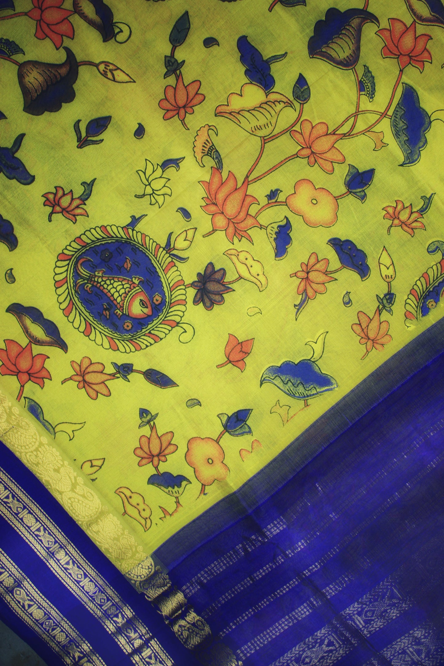 Kanjivaram Kalamkari Silk Cotton Saree Korvai Border -Yellow w/ Indigo-Fish