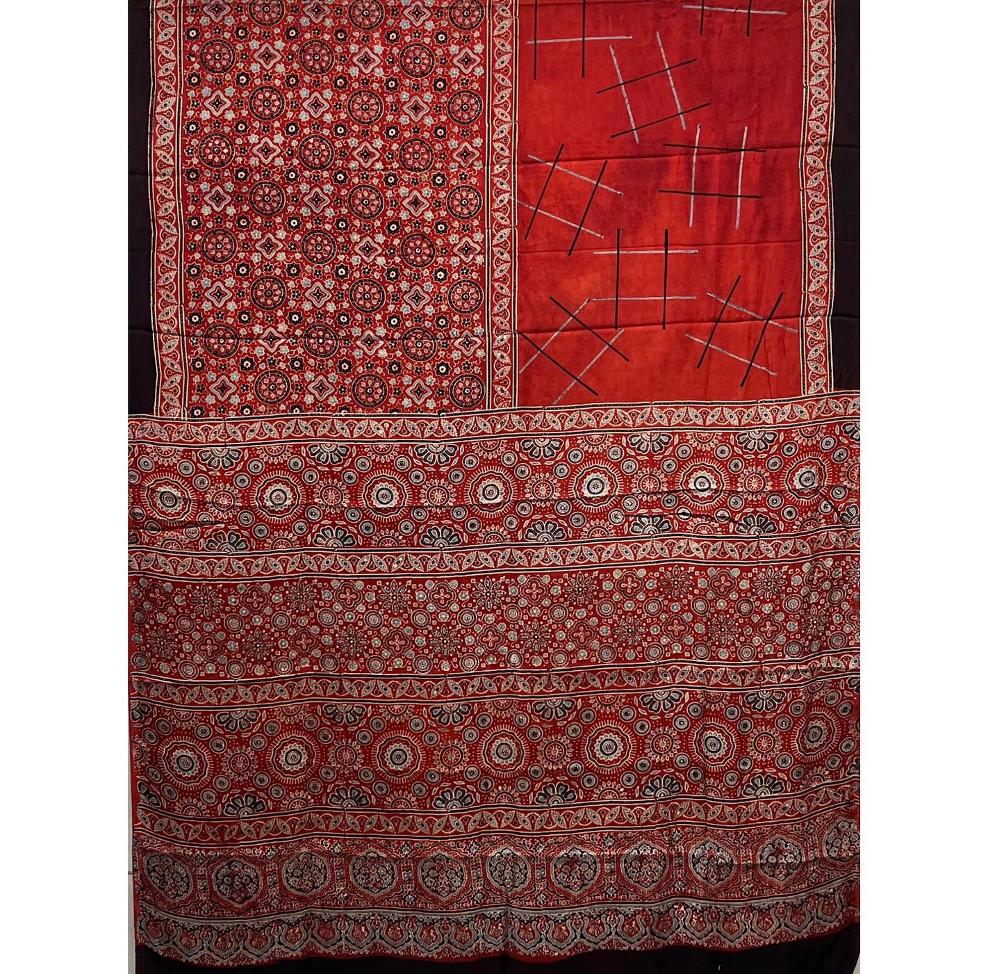 Ajrakh Hand Block Print Silk Saree - Red