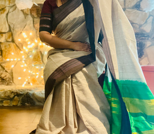 Ilkal Handloom Saree - Off-white w/ Black border