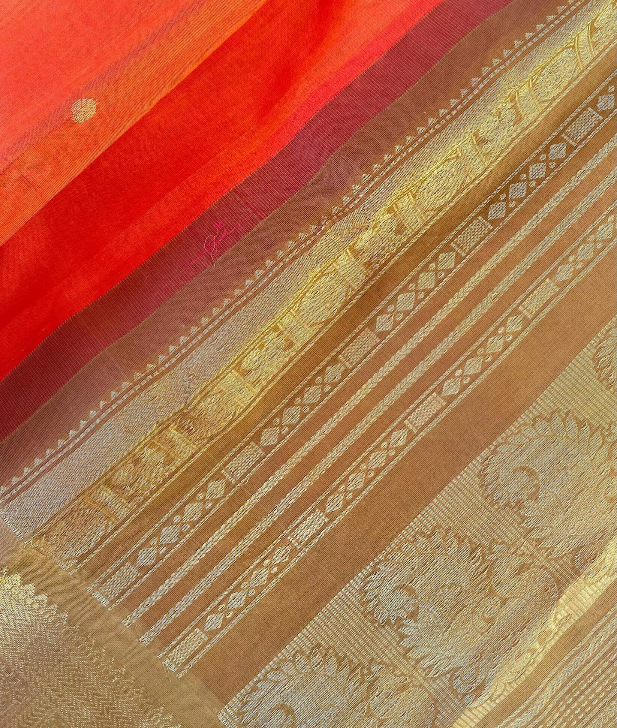 Kanjivaram Silk Cotton Saree Korvai Border - Orange w/ Khaki