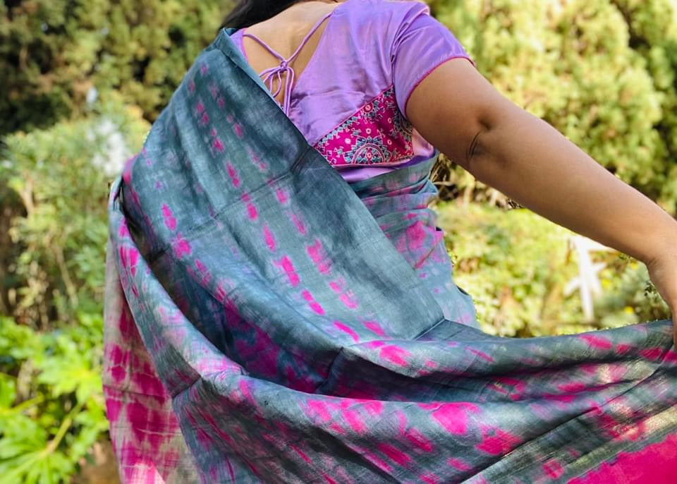 Hand crafted Ombre dye Tussar Silk Saree - Gray/ Pink