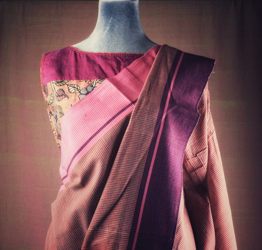 Patteda Anchu Handloom Saree - Maroon checks with Pink, Maroon