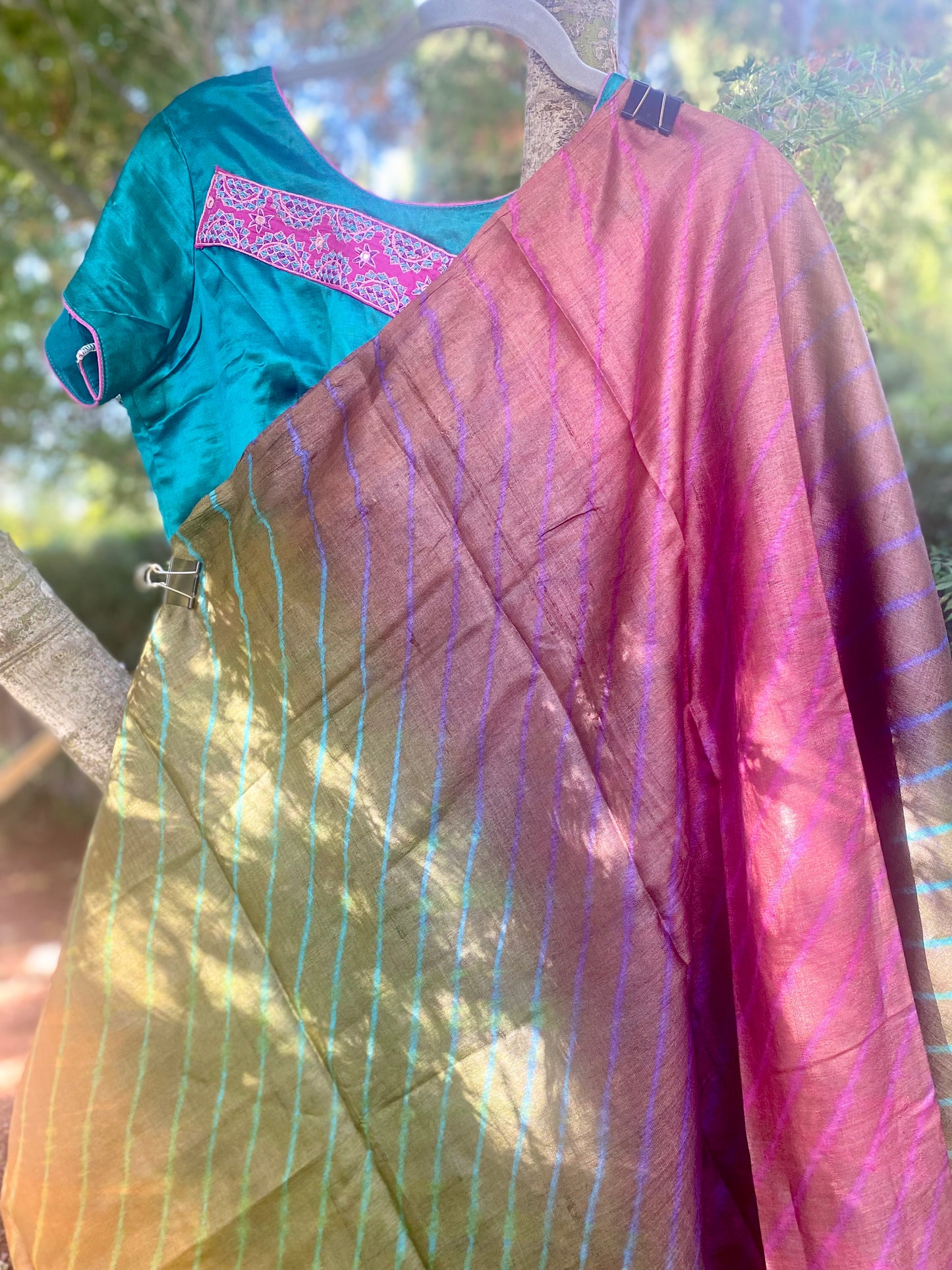 Hand crafted Leheria Tie-Dye Tussar Silk Saree - Multi color