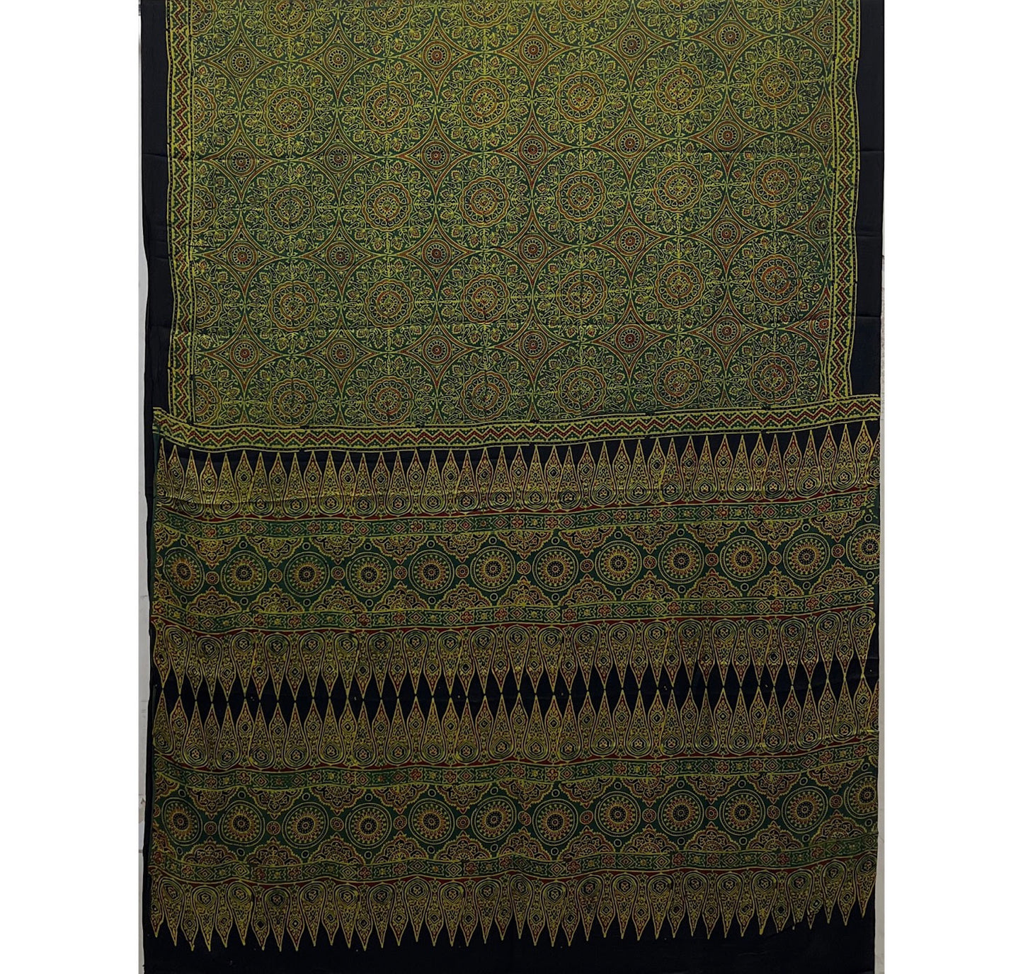 Ajrakh Hand Block Print Silk Saree - Green