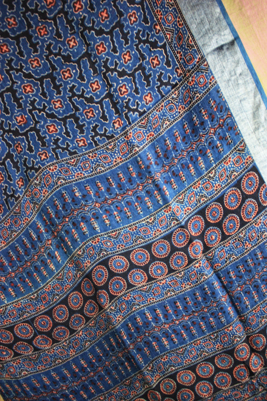 Ajrakh Hand Block Print Linen Saree - Indigo