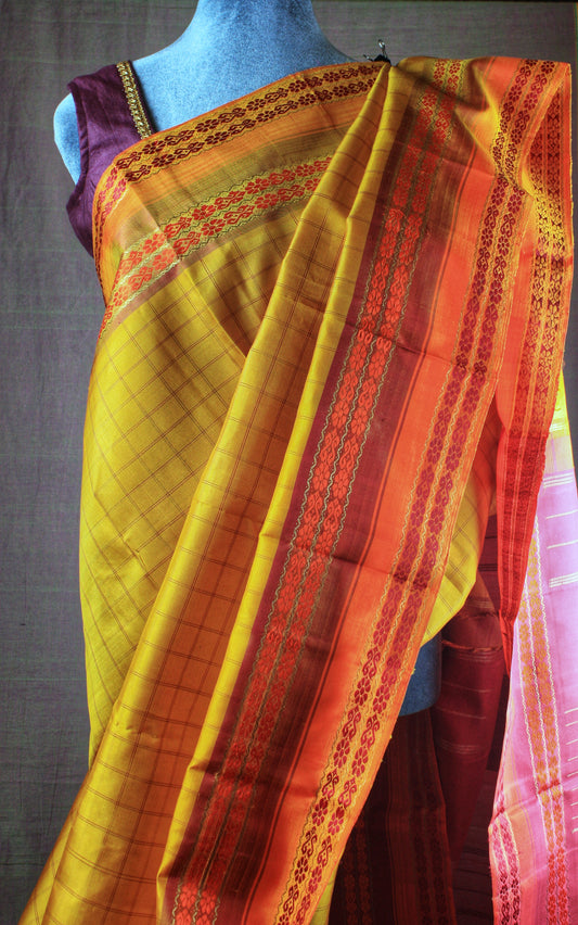 Kanjivaram Pure Silk Pure Zari Saree - Yellow w/ Orange,Red