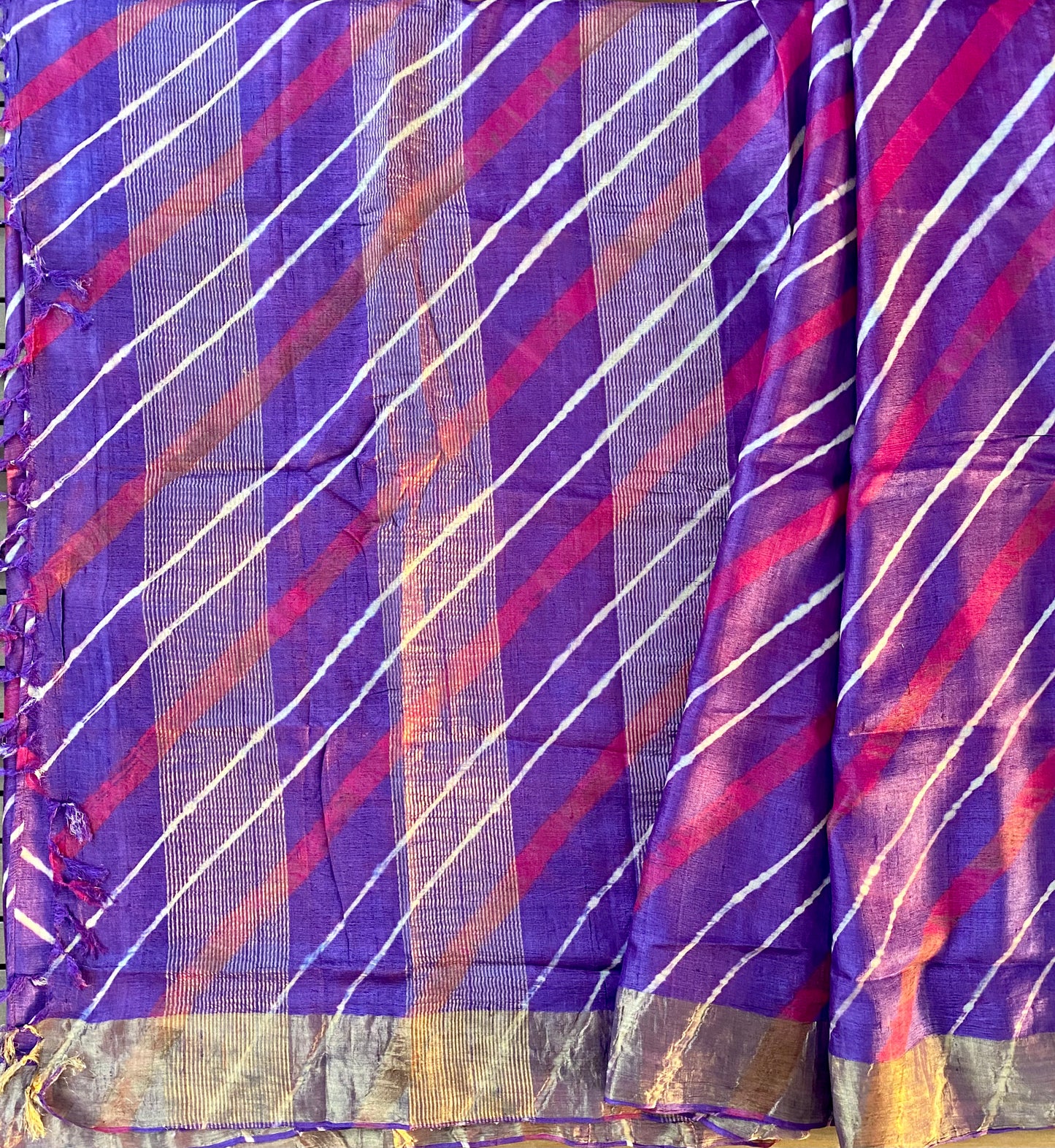 Hand crafted Leheria Tie-Dye Tussar Silk Saree w/ Zari - Purple