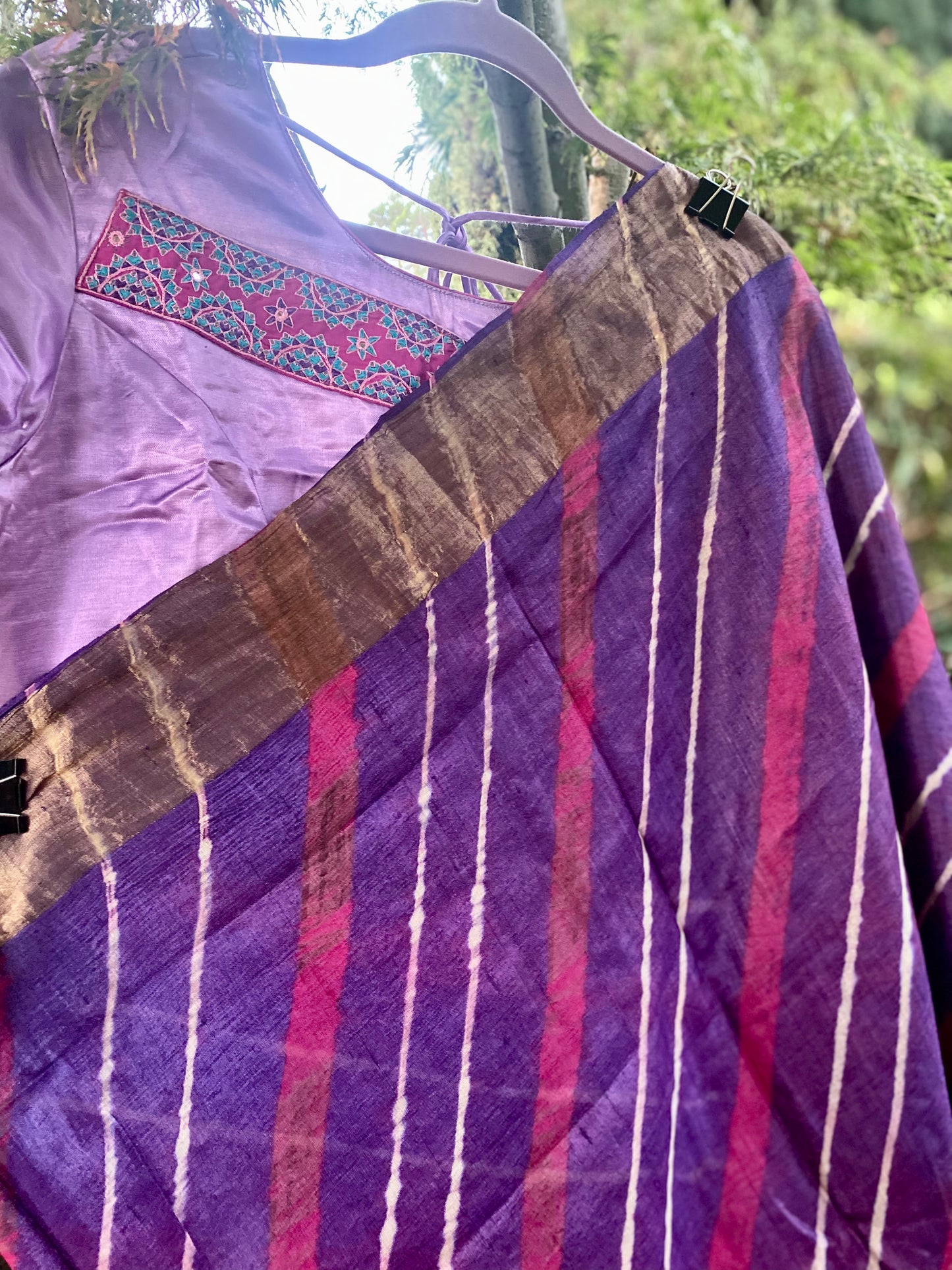 Hand crafted Leheria Tie-Dye Tussar Silk Saree w/ Zari - Purple