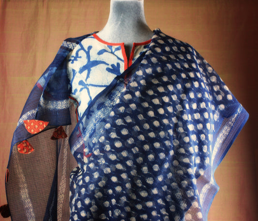 Kota Doria Saree w/ Bagru Hand block Print-Indigo