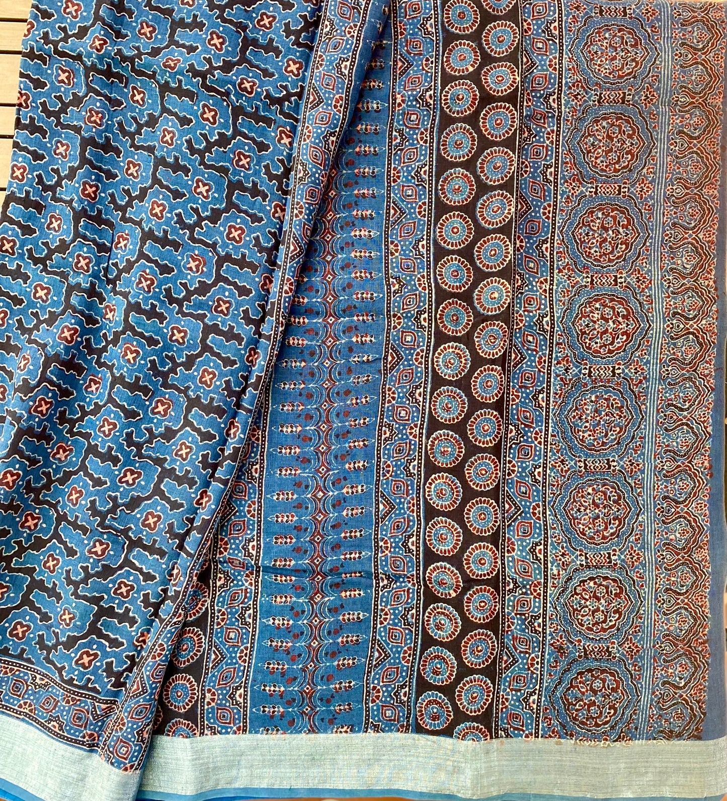 Ajrakh Hand Block Print Linen Saree - Indigo