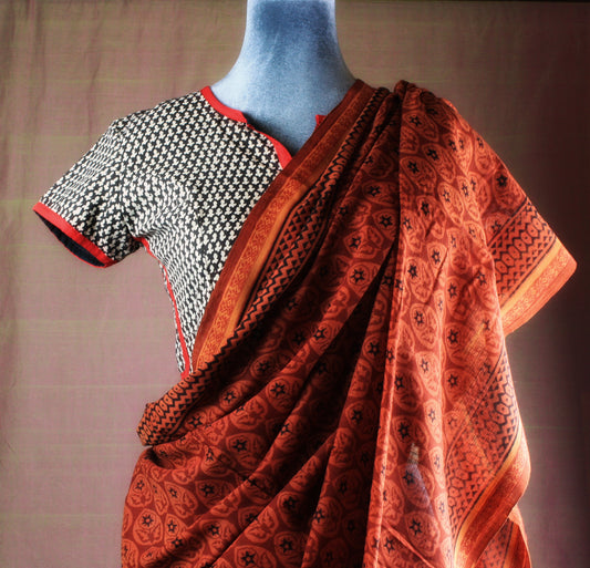 Khadi Saree w/ Bagru Hand block Print- Red