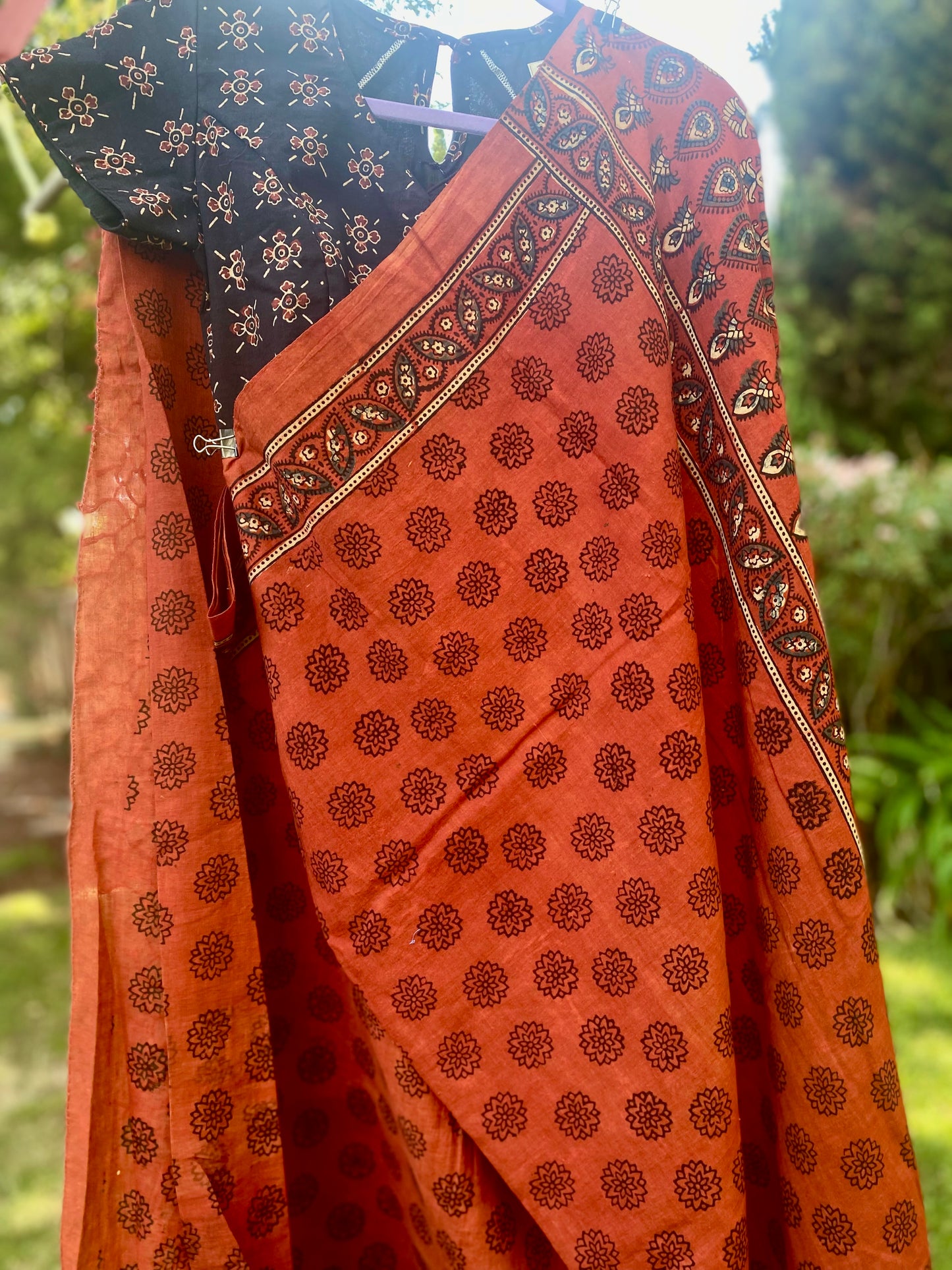 Ajrakh Hand Block Print Muslin Saree - Orange