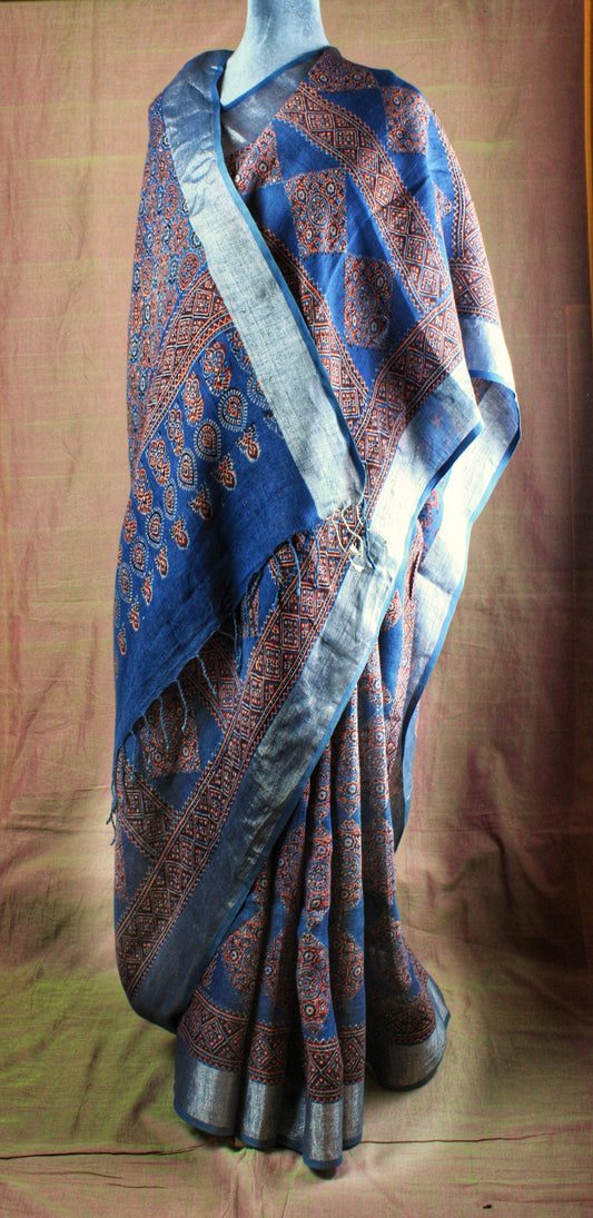 Ajrakh Hand Block Print Linen Saree - Indigo diamond