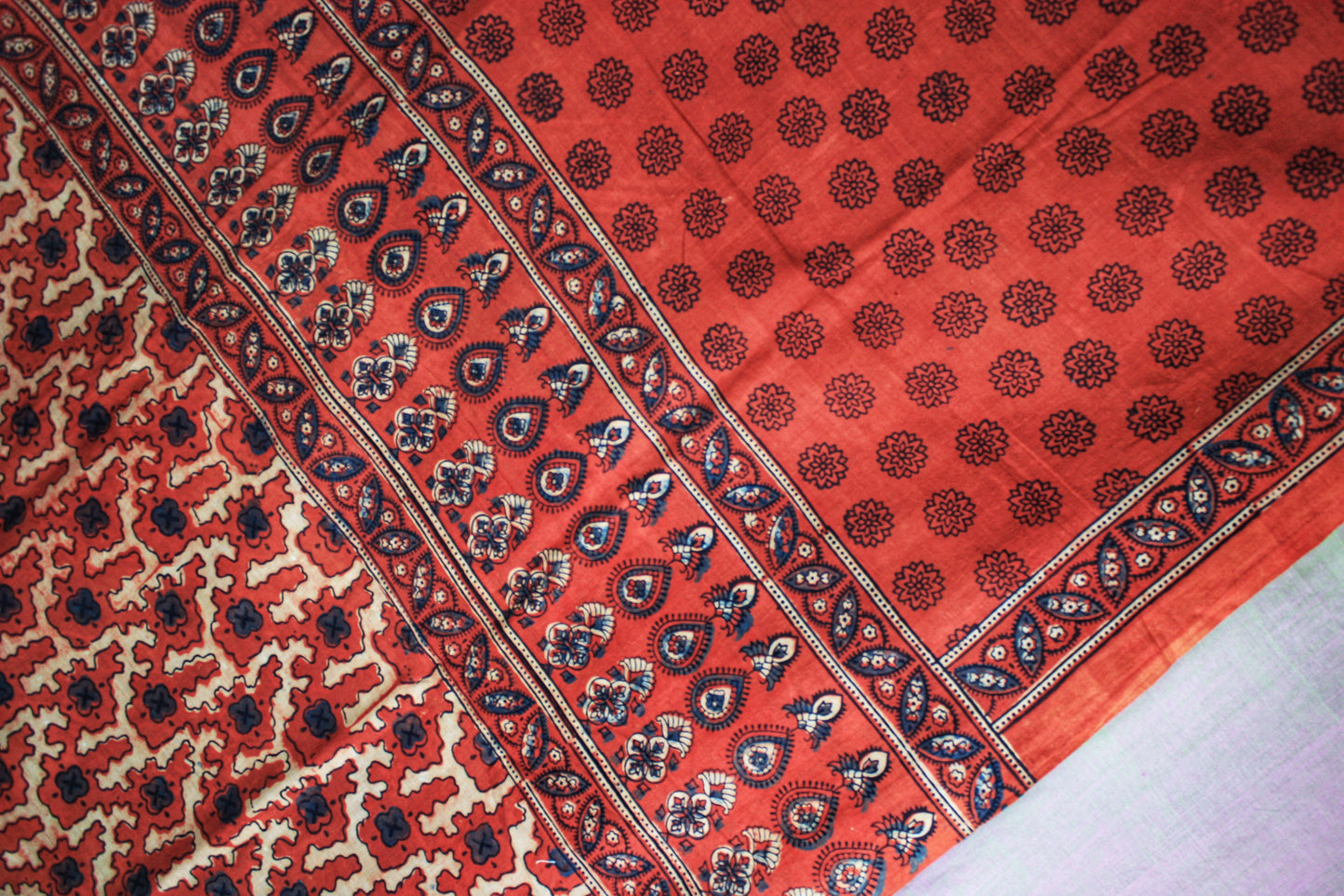 Ajrakh Hand Block Print Muslin Saree - Orange