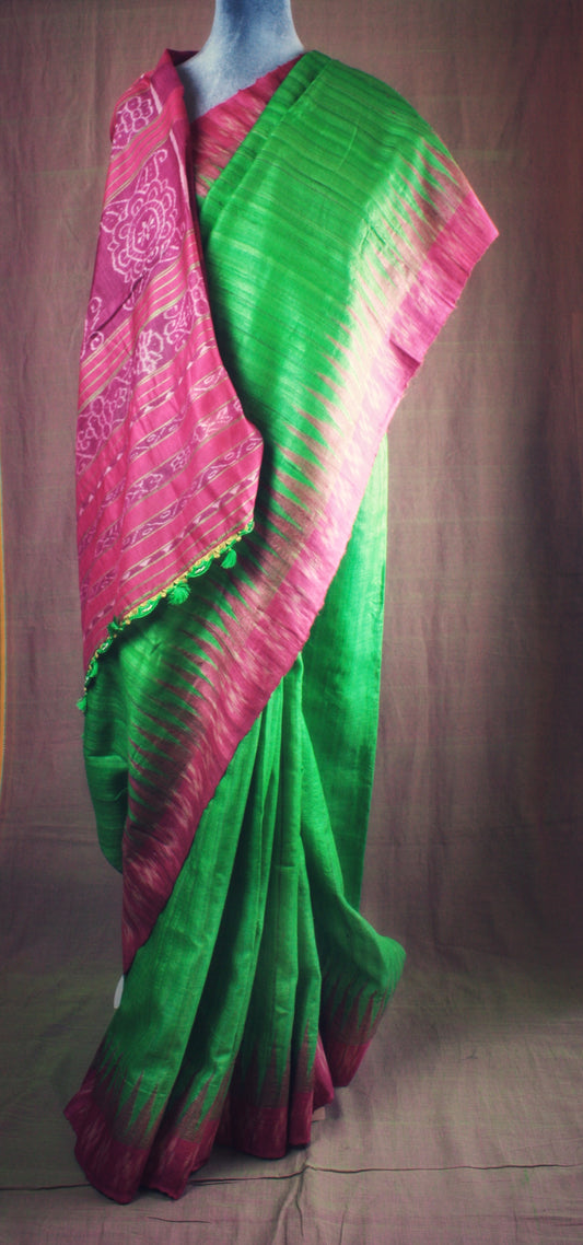 Tussar Ghicha Silk Ikat Handloom Saree - Parrot Green w/Pink