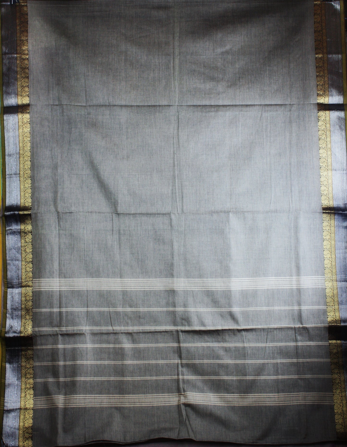 Chettinad Handloom Saree - Pastel Gray w/ Silver Gold zari border