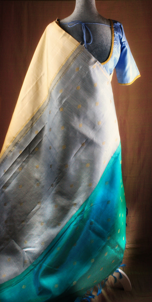 Kanjivaram Pure Silk Zari Saree - Off White w/ Gray, Turquoise Blue