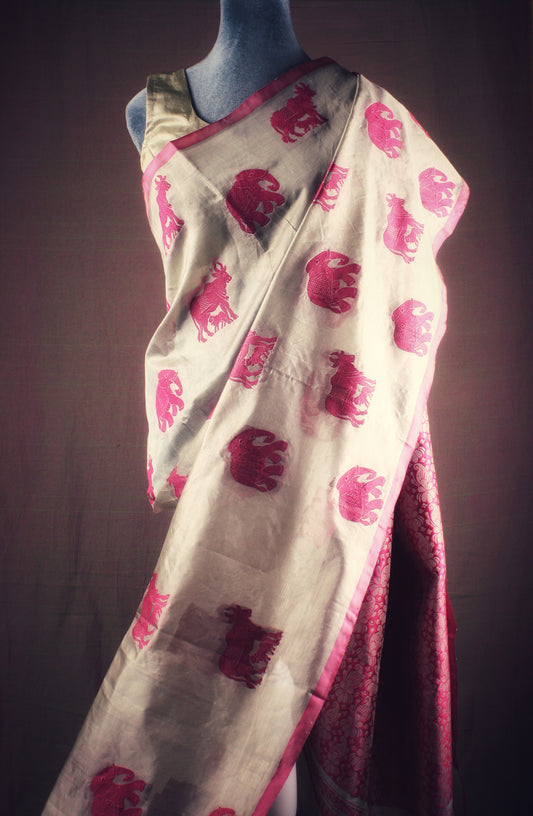 Venkatagiri Silk Tissue Saree - Silver/ Fuchsia Pink