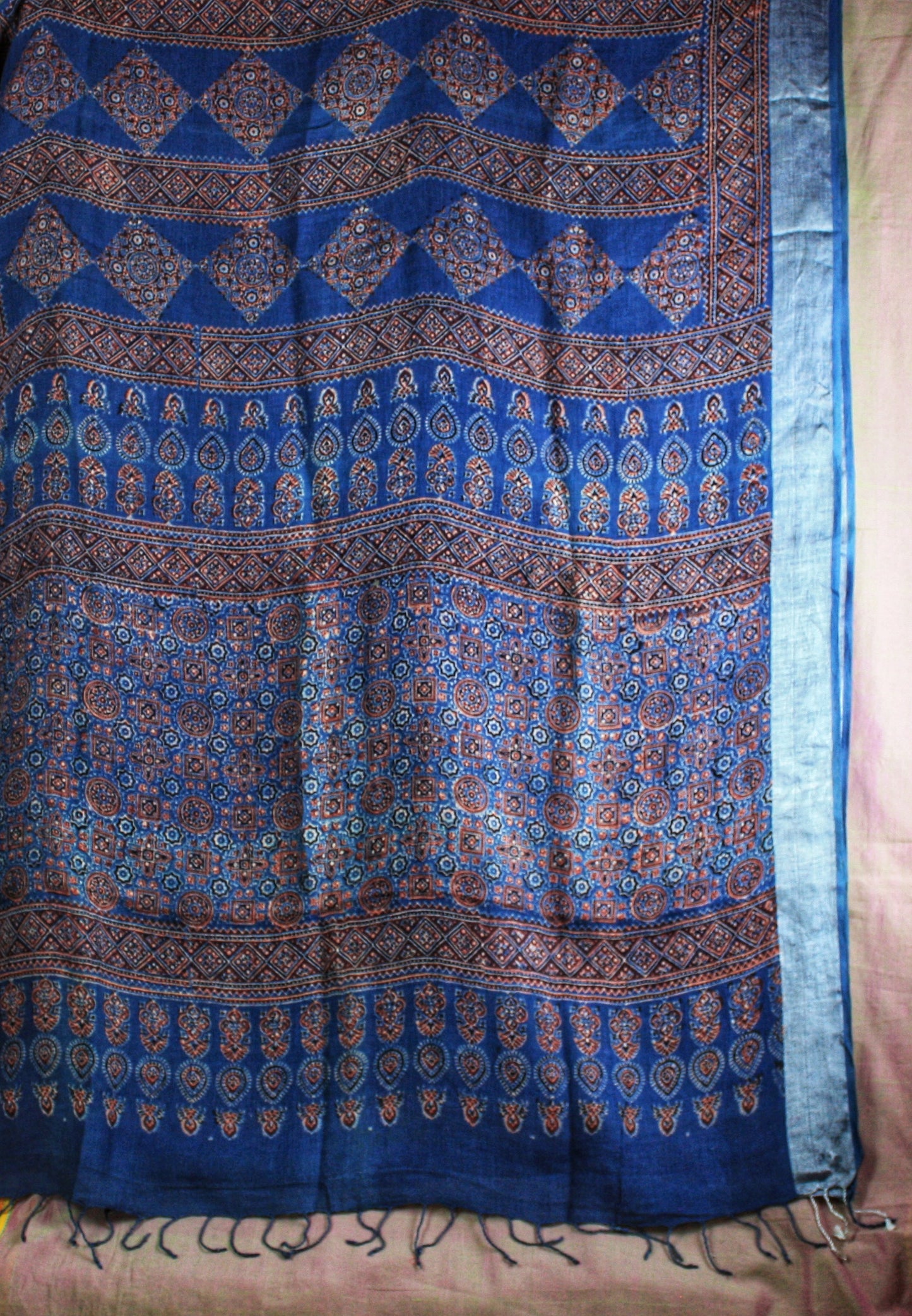 Ajrakh Hand Block Print Linen Saree - Indigo diamond