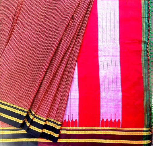 Ilkal Handloom Saree- Orange checks w/ Black border