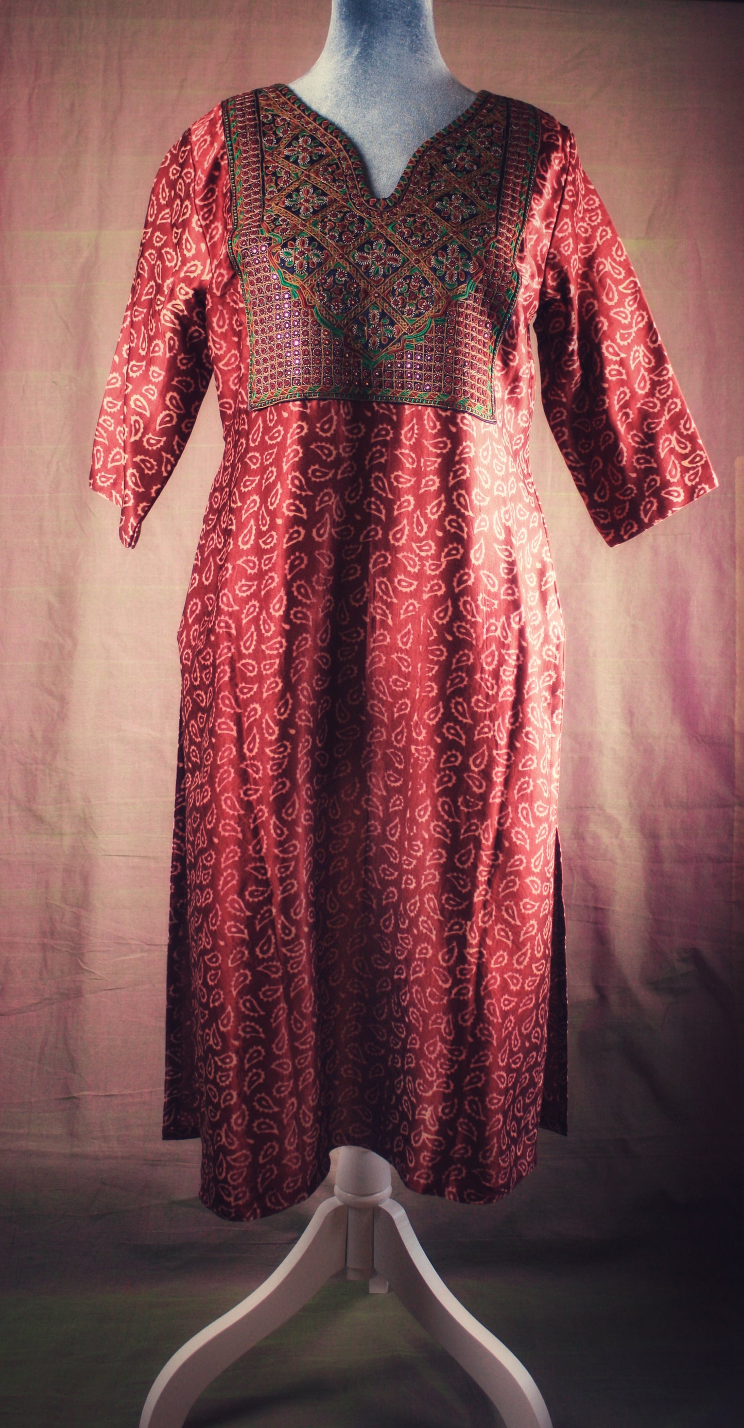 Mashru Kurta with Hand embroidered Yoke