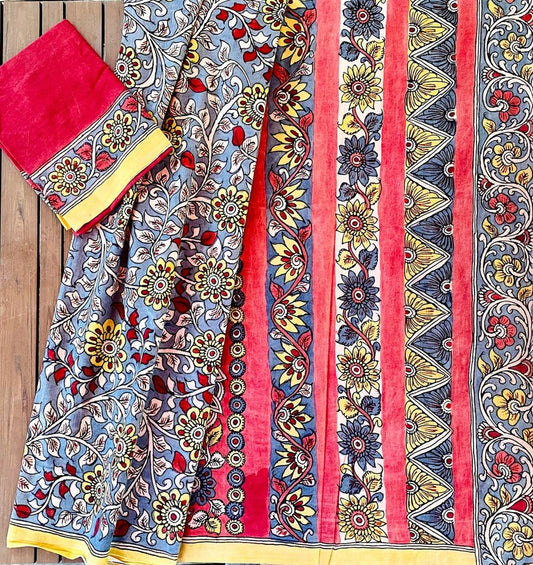 Hand Painted Kalamkari Cotton Saree - Blue w/ Red